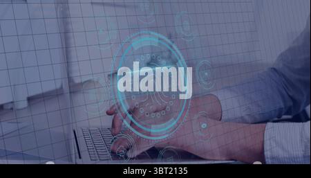 Typing male hands using laptop at office desk, showing digital fingerprint security icons Stock Photo