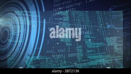 Displaying code panel showing HTML CSS snippets on wireframe grid, with circular HUD and scan-lines Stock Photo