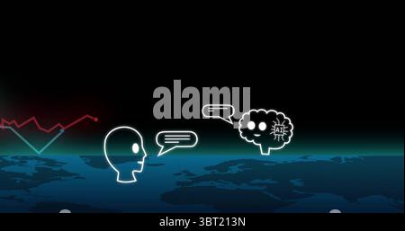 Connecting head outline with AI brain icon via neon speech bubbles over earth map, copy space Stock Photo