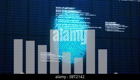 Displaying blue fingerprint overlaying green matrix on dashboard, with code snippets and bars Stock Photo