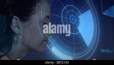 Analyzing female technician scanning holographic interface on grid panel in lab, copy space Stock Photo