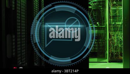 Displaying holographic overlay monitoring server rack room, with network cables and envelope icon Stock Photo
