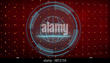 Displaying blue holographic globe hovering within concentric HUD rings over red pixelated backdrop Stock Photo