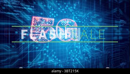 Displaying futuristic 5G text and FLASH SALE banner glowing with neon green lines in digital space Stock Photo