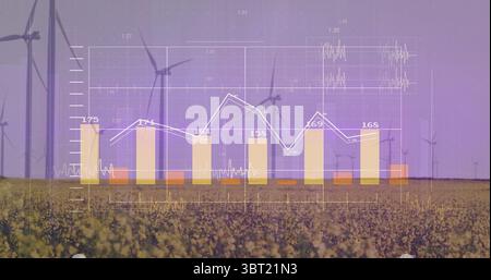 Displaying bar and line chart overlaying yellow field and wind turbines, gridlines and axis labels Stock Photo