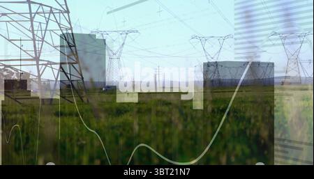 Spanning transmission towers and overhead lines across rural meadow, with translucent data overlays Stock Photo