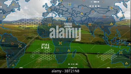 Overlaying map on fields, displaying hex clusters, warning icons, circular markers and grid lines Stock Photo