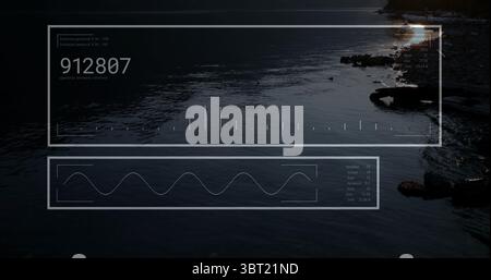Floating HUD displaying readout 912807 over rocky coast at dusk, with bar chart and sine wave Stock Photo