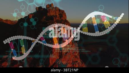 Displaying white-sphere DNA helix twisting above mesa with molecular network and code Stock Photo