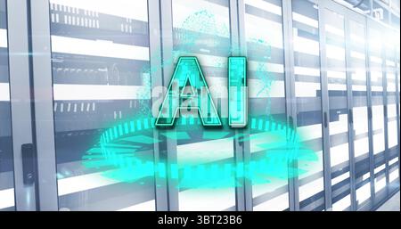 Hovering holographic teal AI" symbol displaying data in server room corridor with cable bundles" Stock Photo