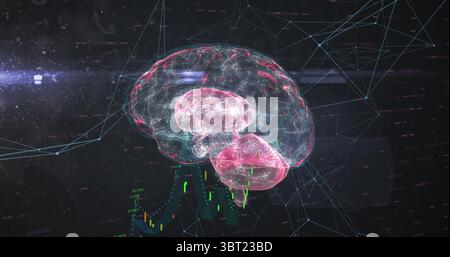Floating holographic brain model glowing against dark grid, with network mesh and financial charts Stock Photo