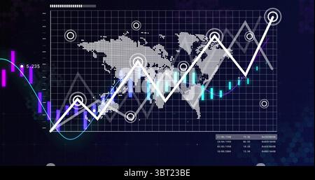 Displaying dashboard showing zigzag chart on world map, on dark-themed interface with bar charts Stock Photo