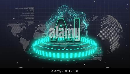 Floating green AI holographic letters over virtual platform, streaming code, map and text particles Stock Photo