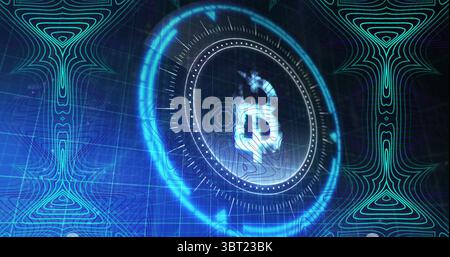 Rotating glowing Bitcoin symbol in digital interface with radial ticks, overlaying neon blue grid Stock Photo