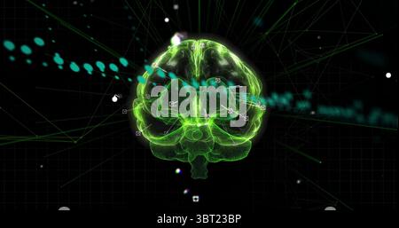 Floating neon green wireframe brain hovering in cyberspace, with glowing nodes and teal streaks Stock Photo