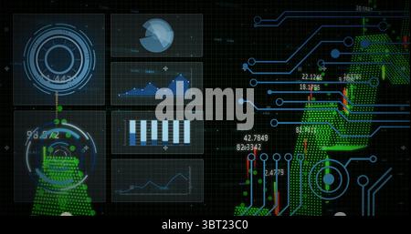 Displaying biometric HUD overlaying screen grid with circular targets, graphs and fingerprints Stock Photo