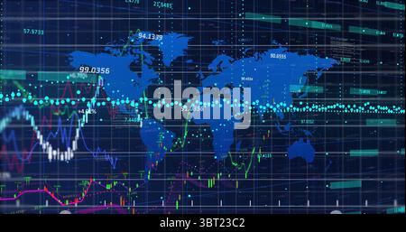 Displaying blue world map overlaying trading screen, with candlestick bars and line graphs Stock Photo