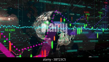 Displaying clear 3D Earth globe floating over dark data grid, showing candlesticks and trend lines Stock Photo