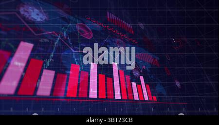 Displaying neon red and pink bar chart in virtual data dashboard, with floating virus icons Stock Photo