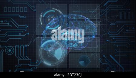 Projecting holographic brain model hovering over grid control panel, with HUD graphics and traces Stock Photo