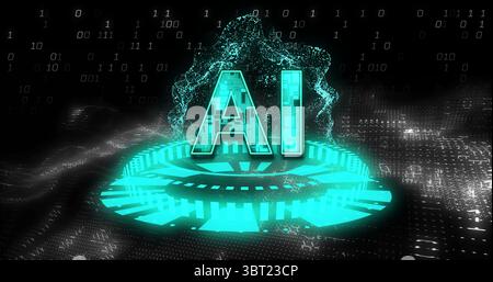 Projecting glowing AI letters hovering above platform in digital data environment, with binary code Stock Photo