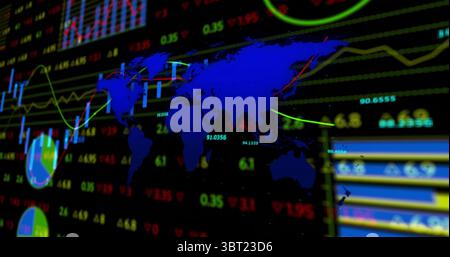 Displaying blue world map silhouette overlaying market data on dashboard, with colored line graphs Stock Photo