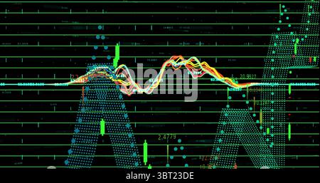 Displaying stylized dotted letters AI on dark screen, line charts, candlestick bars and data labels Stock Photo