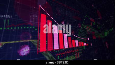 Animating bar chart arrow descending in grid with candlesticks, virus icons and globe mesh Stock Photo