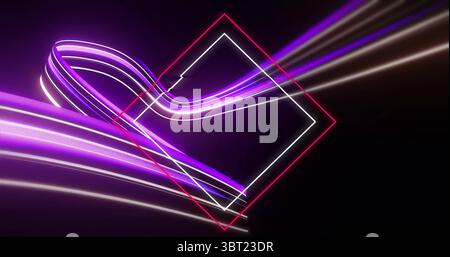 Flowing glowing neon light streams weaving around white-lined pink-outlined neon diamond in void Stock Photo