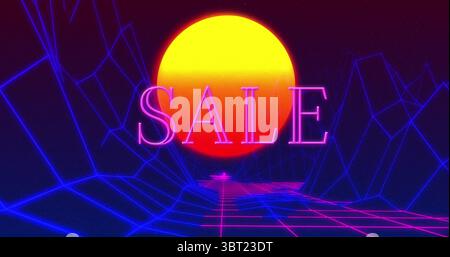 Glowing pink neon text spelling SALE at wireframe landscape, with yellow-orange sun and blue grid Stock Photo