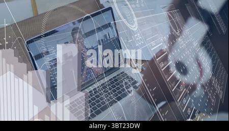 Working man in business attire typing on laptop at office desk, with data overlays, copy space Stock Photo
