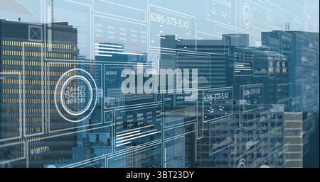 Projecting translucent data panels displaying line charts and circular gauges over urban skyline Stock Photo