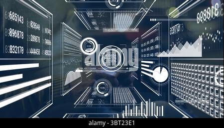 Displaying floating data panels converging toward center in grid space, with numeric readouts Stock Photo
