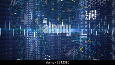 Displaying stylized digital world map in abstract data display, with hex grid and candlestick bars Stock Photo