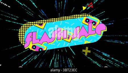 Displaying blue pill banner flashing neon FLASH SALE text in web promo with sprinkles, teal streaks Stock Photo