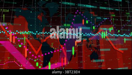 Displaying global finance data overlaying world map in dashboard, with candlesticks and trend lines Stock Photo