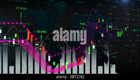Displaying bar and line graphs visualizing trends at dashboard, with neon labels on world map grid Stock Photo
