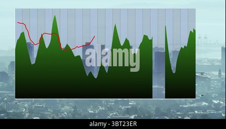 Displaying green area chart moving over urban skyline, with red trend line and vertical grid lines Stock Photo