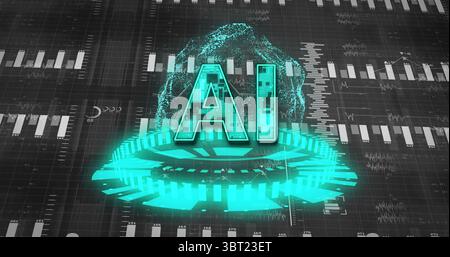 Floating glowing 3D 'AI' above platform in dashboard, showing wireframe sphere, charts and labels Stock Photo