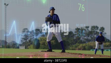 Pitching female baseball player delivering pitch on baseball field, with biometric waveform overlay Stock Photo
