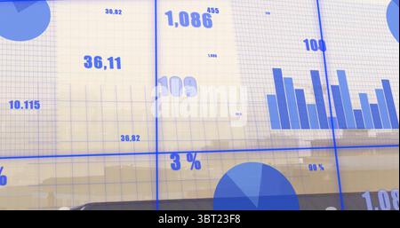 Displaying digital dashboard in office, with bar chart, pie segments, grid lines and data labels Stock Photo