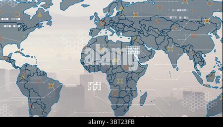 Displaying digital world map over hazy skyline, with continent outlines, icons and hexagonal grid Stock Photo