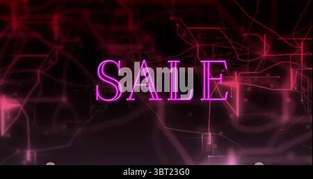 Glowing neon text SALE shining on dark gradient background, with red pink network visuals Stock Photo