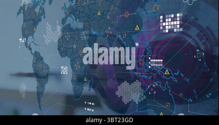 Displaying semi-transparent world map floating over office desk, with hexagonal grids and reticles Stock Photo