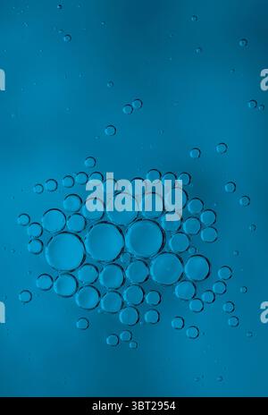 Macro photo of oil and water bubbles floating on a dark blue surface. Abstract scientific or cosmetic concept. Stock Photo