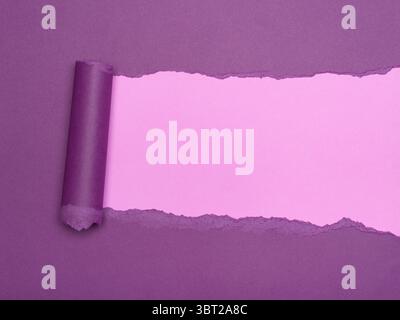 A piece of purple paper is torn to reveal a lighter pink layer underneath Stock Photo