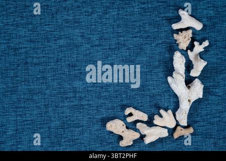 Beach themed flat lay with shells and starfish on natural linen fabric Stock Photo