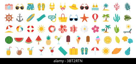 Set cute summer holiday beach elements icons. Hello summer lettering. Cartoon vector illustration Stock Vector