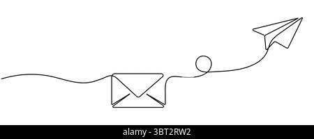 Continuous line drawing of paper airplane with envelope. New message concept. Letter sent by email. Editable stroke. Stock Vector