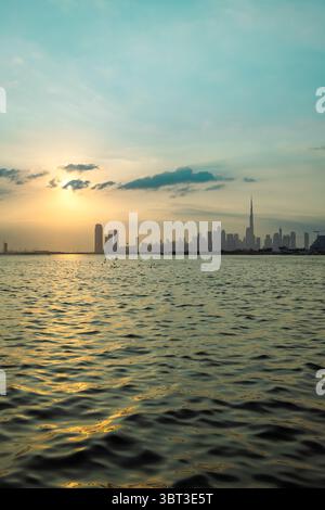 Dubai Skyline, Panoramic view of Dubai downtown skyline from Creek harbor, Dubai Real estate skyline, Downtown views, Iconic Dubai buildings and high- Stock Photo